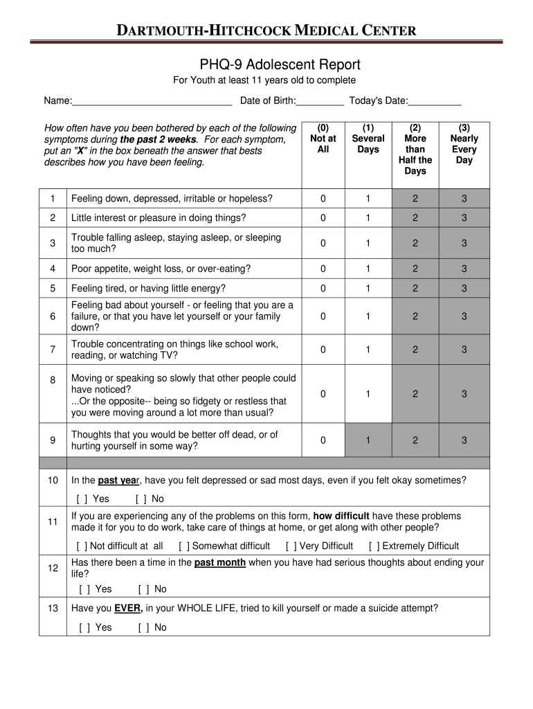 Phq 9 Adolescent Fill Online Printable Fillable Blank PdfFiller