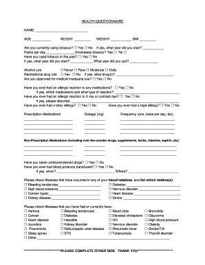 Health Questionnaire Form