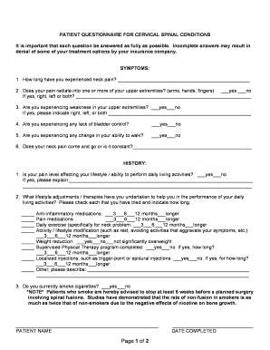 Patient Questionnaire for Cervical Spinal Conditions