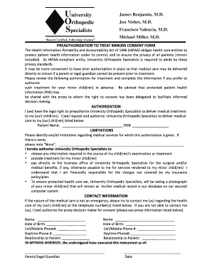 Preauthorization to Treat Minors Consent Form