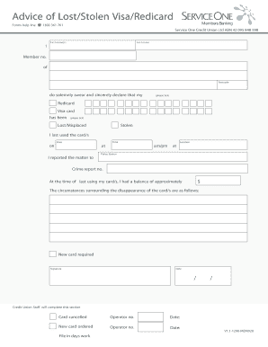 Lost/Stolen Visa/Redicard Declaration Form