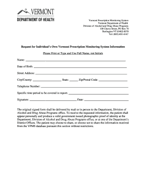 Vermont Prescription Monitoring System Request Form