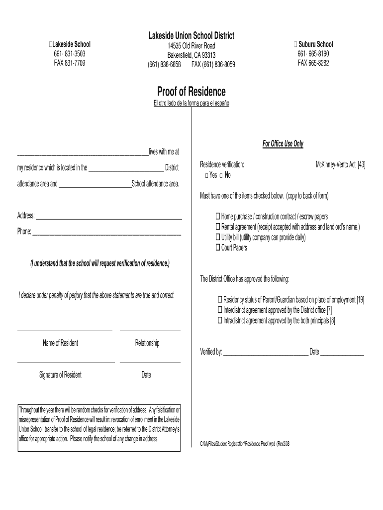 Fillable Online lakesideusd Proof of Residence - lakesideusdorg Fax ...