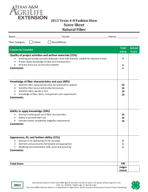 2013 Texas 4-H Fashion Show Score Sheet