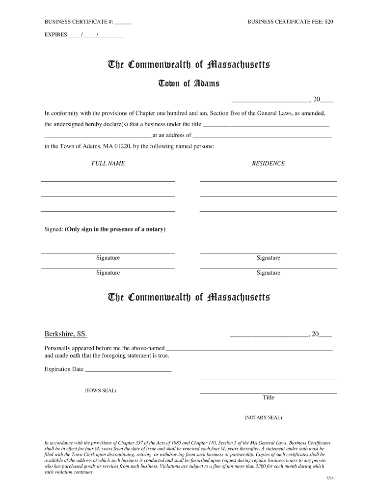 Fillable Online town adams ma BUSINESS CERTIFICATE town adams ma