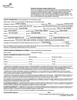 Girl Scouts Parental Permission Activity Form