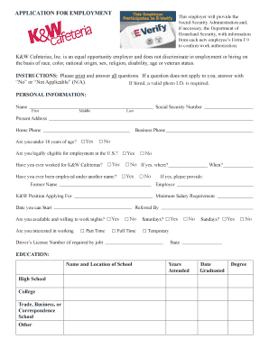 K&W Cafeterias Employment Application