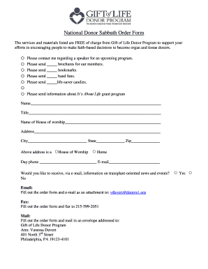 National Donor Sabbath Order Form