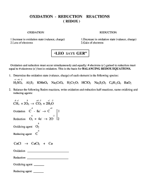 Redox Reaction Worksheet