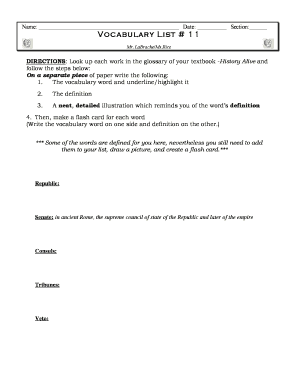 Vocabulary List Activity