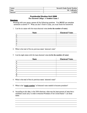 Presidential Election Unit 2008 Worksheet