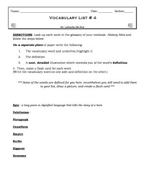 Vocabulary List Activity Form