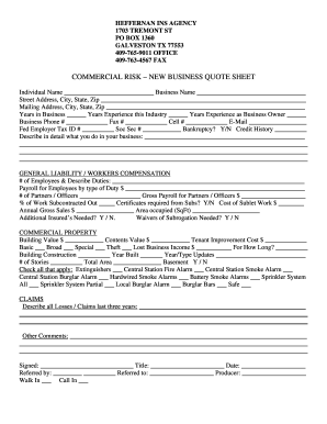 Commercial Risk Insurance Quote Sheet