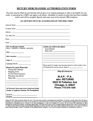 Return Merchandise Authorization Form