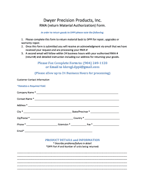 Dwyer Precision Products RMA Form
