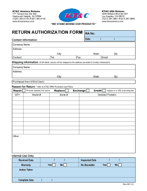 KT&C USA Return Authorization Form