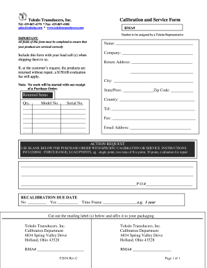 Toledo Transducers Calibration Service Form