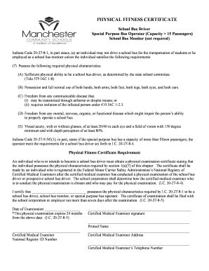 Indiana School Bus Driver Physical Fitness Certificate