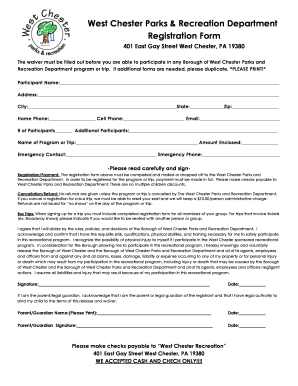 West Chester Parks Recreation Registration Form