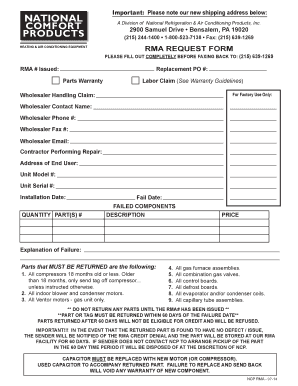 Heating and Air Conditioning Equipment RMA Request Form
