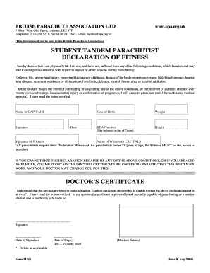 Student Tandem Parachutist Declaration of Fitness