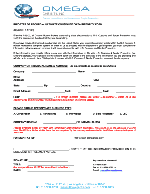 Importer of Record Data Integrity Form