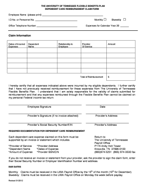 University of Tennessee Dependent Care Reimbursement Claim Form