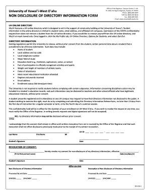University of Hawaii Non-Disclosure of Directory Information Form