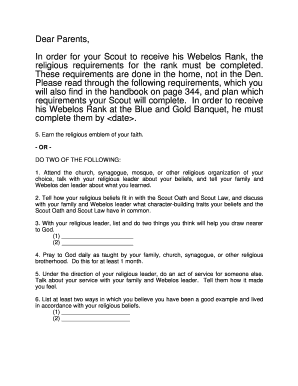 Webelos Religious Requirements Form