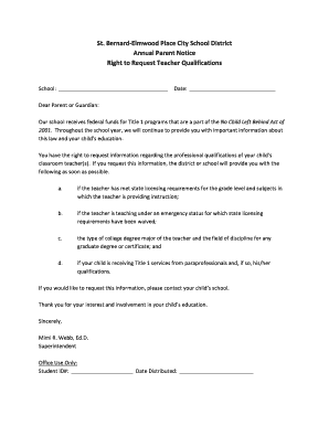 Annual Parent Notice Right to Request Teacher Qualifications