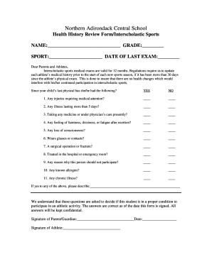 Health History Review Form for Interscholastic Sports