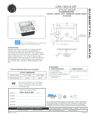 Stylist Group Classroom Sink Specification Sheet
