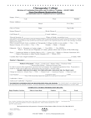 Chesapeake College Open Enrollment Registration Form