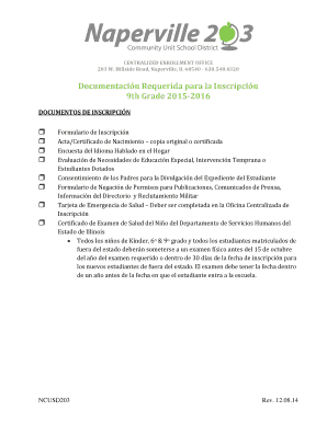 Formulario de Inscripción del Distrito Escolar 203 de la Unidad Comunitaria de Naperville