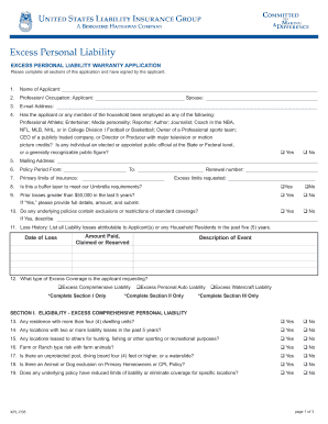 Excess Personal Liability Warranty Application