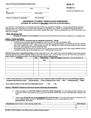Dependent Student Verification Worksheet