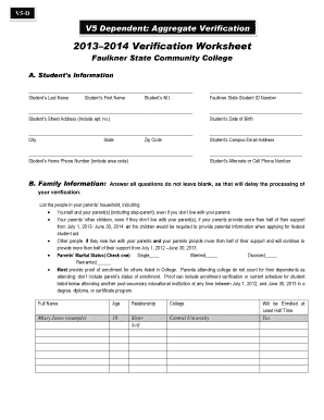 V5 Dependent Aggregate Verification Form