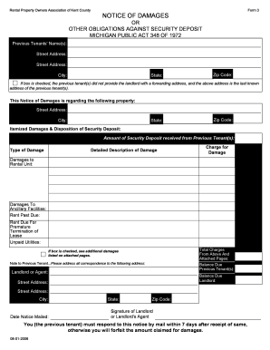 Michigan Notice of Damages to Security Deposit