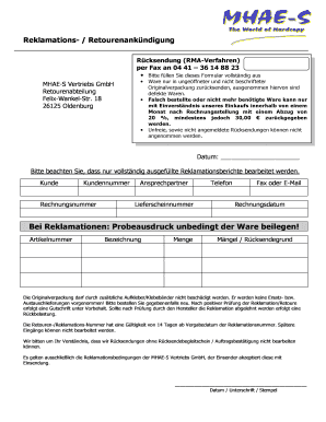 Reklamations- / Retourenankündigung