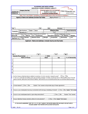 Pleasure and Show Horse Liability Application