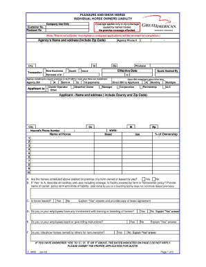 Pleasure and Show Horse Liability Application