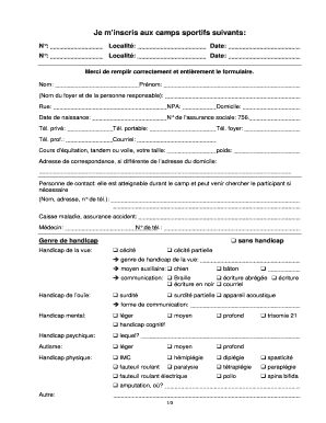 Formulaire d'inscription aux camps sportifs