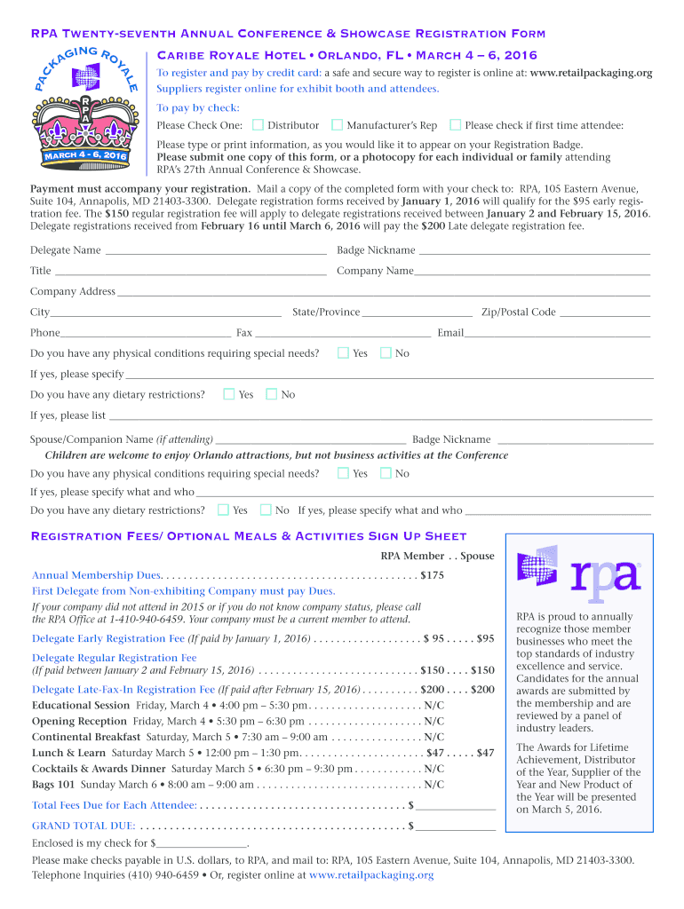 Fillable Online retailpackaging RPA Twentyseventh Annual Conference Showcase Fax Email Print