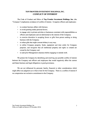 TOP FRONTIER INVESTMENT HOLDINGS INC CONFLICT OF INTEREST
