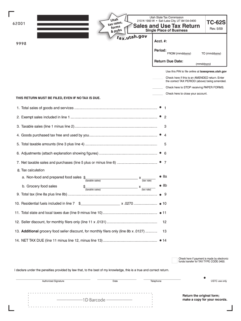 Fillable Online tax utah Tc62s Sales and Use Tax Return for Single