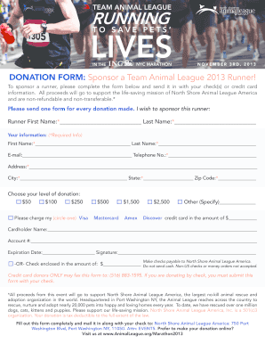 Sponsor a Team Animal League 2013 Runner Donation Form
