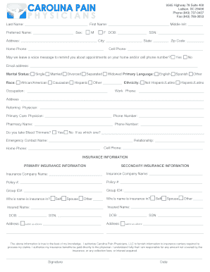Carolina Pain Physicians Patient Registration Form
