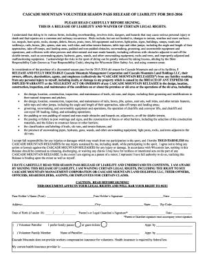 Cascade Mountain Volunteer Season Pass Release of Liability