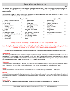 Camp Watonka Clothing List