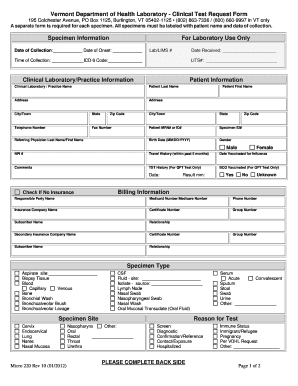 Vermont Clinical Test Request Form